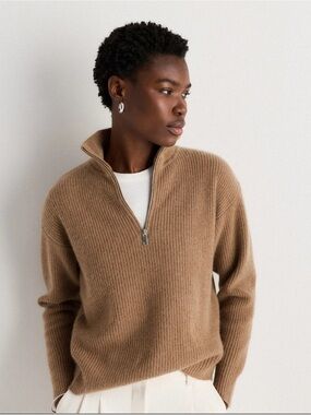 Quince 100% Mongolian Cashmere Half-Zip Sweater Camel XS NWOT